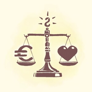 Zeichnung einer Waage. In der einen Schale liegt ein Euro Symbol, in der anderen ein Herz.