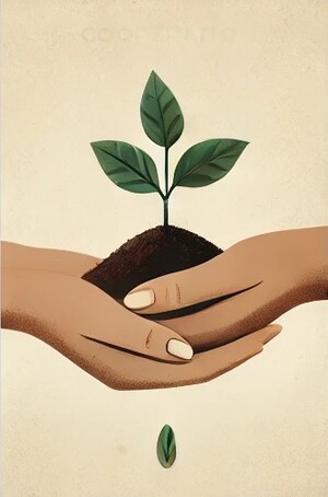KI Illustration von 4 Händen die gemeinsam ein Häufchen Erde mit einem wachsenden Sprössling halten