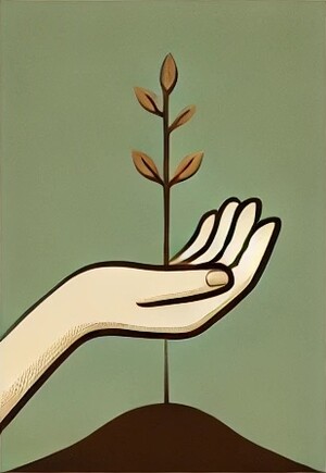 KI Illustration von einer offenen Hand vor einer jungen Pflanze in einem Acker