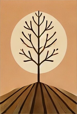 KI Illustration einem Baum auf einem Acker eingerahmt von der Sonne 