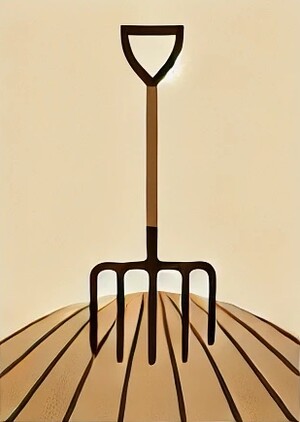 KI Illustration von einer Mistgabel in einem Acker.